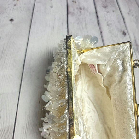 Mr Ernest Evening Hand Bag White Vintage Beaded & Sequins Purse Madein Hong Kong - Picture 5 of 11